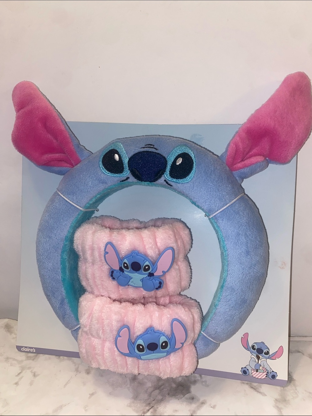 Claire's Blue & Pink Stitch Plush Headband with Pink Wrist Cuffs